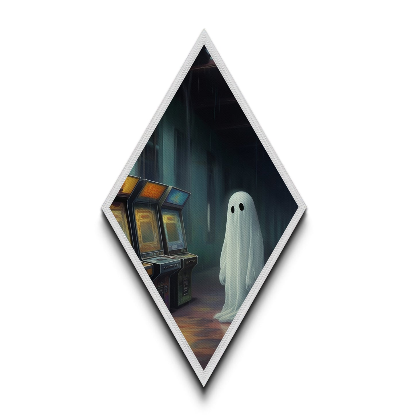 Einsamer Geist in regnerischer Spielhalle – Rautenförmiger Kunstdruck auf Leinwand – Geprägter Druck – Gruselige Vaporwave-Halloween-Wanddekoration im surrealen, nostalgischen Stil