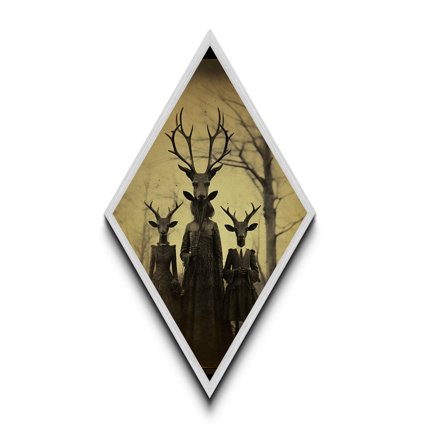 Haunting deer-headed family in eerie woods with Victorian dresses captured as Diamond Shaped Art on Canvas Embossed Print gothic Halloween