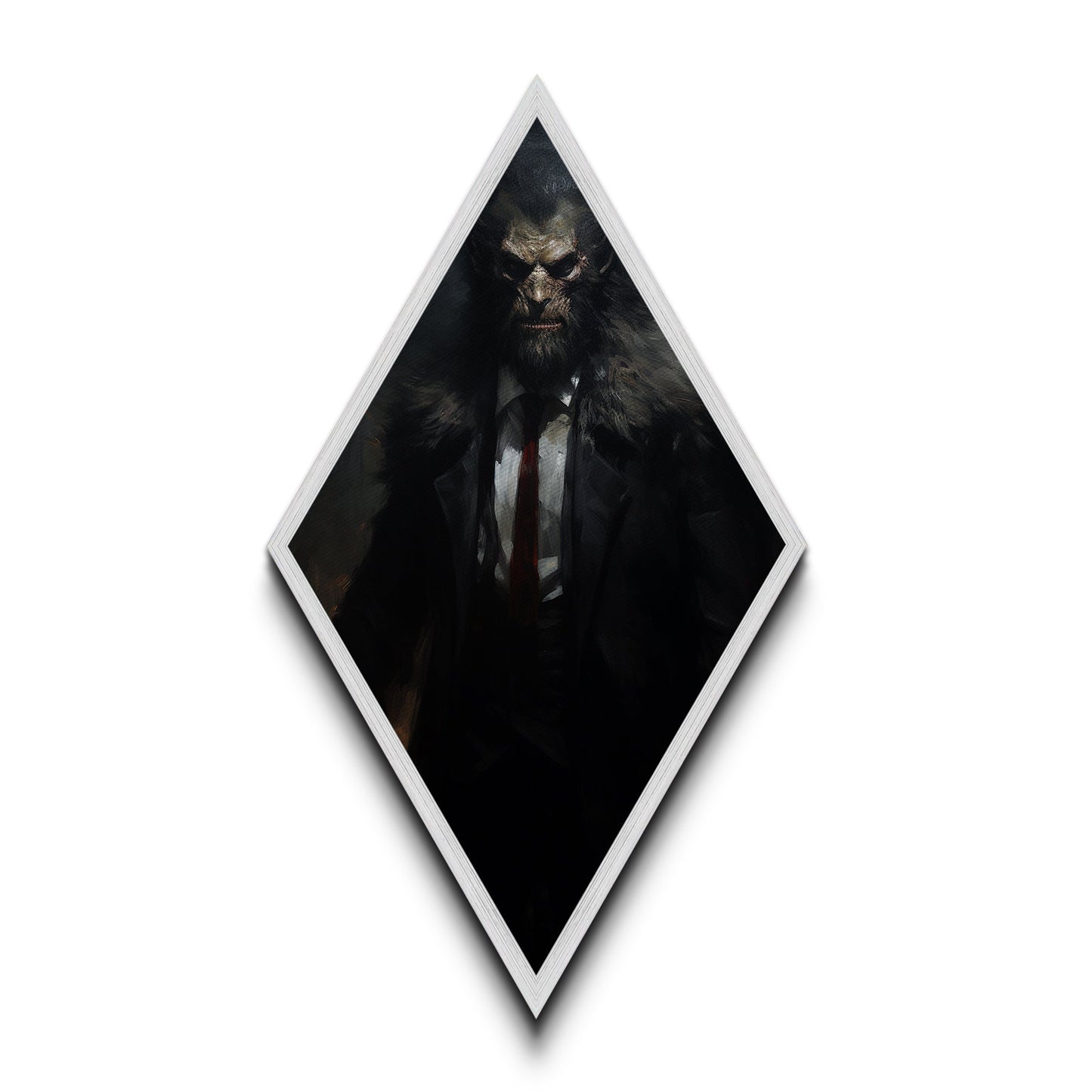 Rautenförmiger Leinwanddruck mit Werwolf-Motiv, gotisches Horrormonster im Anzug, viktorianische Halloween-Dekoration im Stil von Dark Academia für die Wand