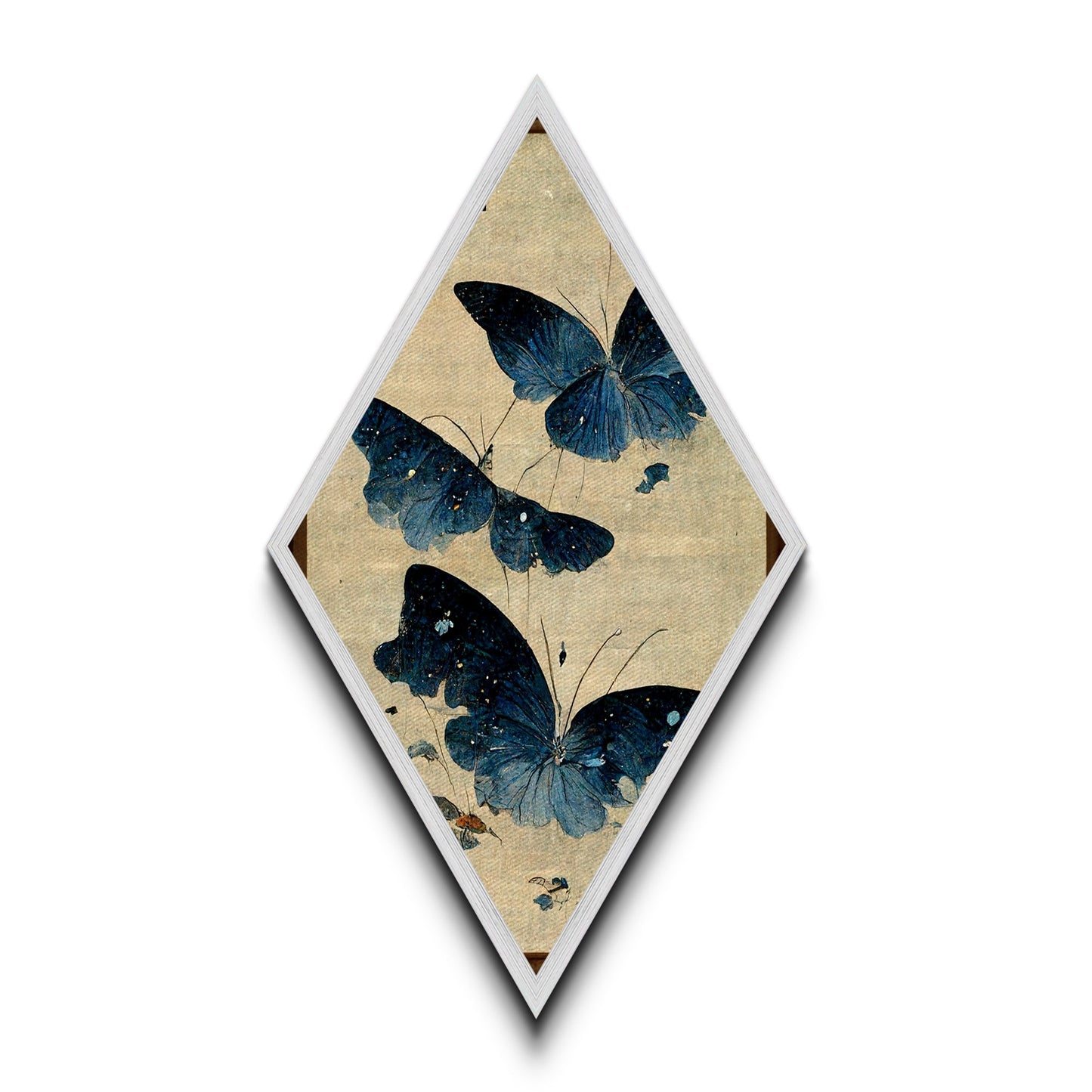 Blue Butterfly Flight Diamond Shaped Canvas Art Print, Japanese Insect Botanical Wall Decor, Nature Moth Garden Inspired Piece