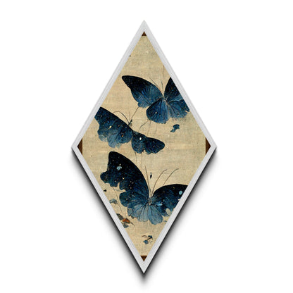 Blue Butterfly Flight Diamond Shaped Canvas Art Print, Japanese Insect Botanical Wall Decor, Nature Moth Garden Inspired Piece