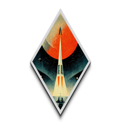 Rocket Launch Scene Diamond Shaped Canvas Textured Print, Retro Futurism Sci-Fi Wall Art, Outer Space Travel Vintage Poster