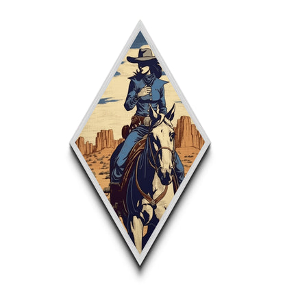 Desert Cowgirl Vibes Diamond Shaped Western Canvas Art Print with Horseback Rider in Blue Outfit Retro Country Rodeo Woman Home Accent