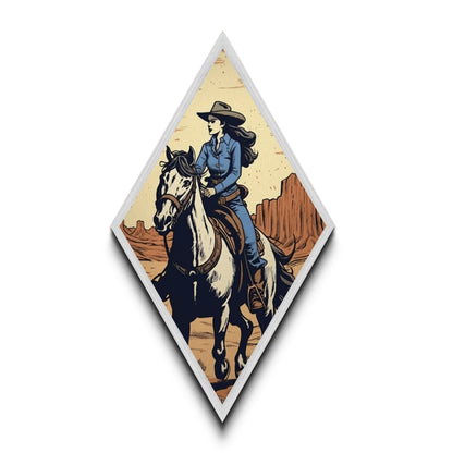Trailblazing Cowgirl Diamond Shaped Western Wall Art Canvas Embossed Print Horseback Desert Landscape Rustic Country Home Decor