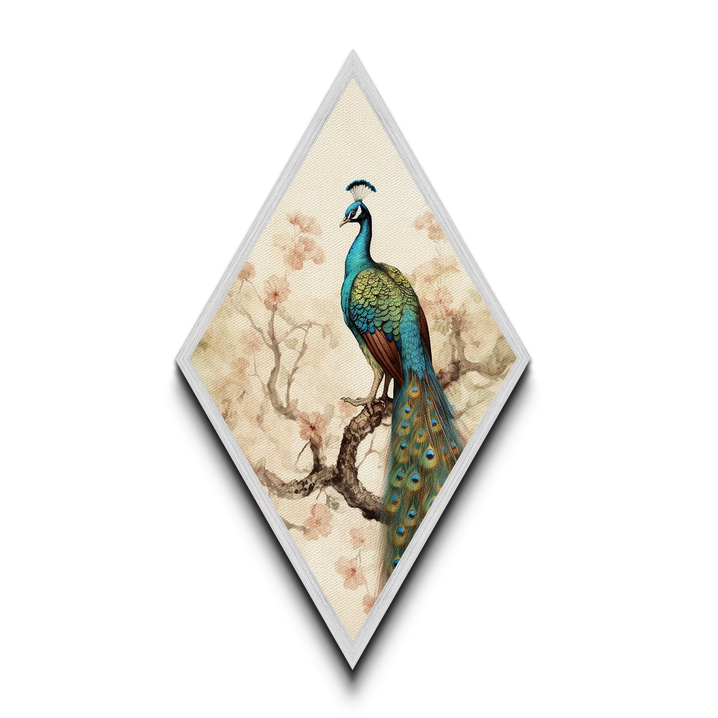 Majestic Peacock Bloom Diamond Shaped Elegant Bird Wall Art Canvas Textured Print Botanical Fine Art Nature-Inspired Decor