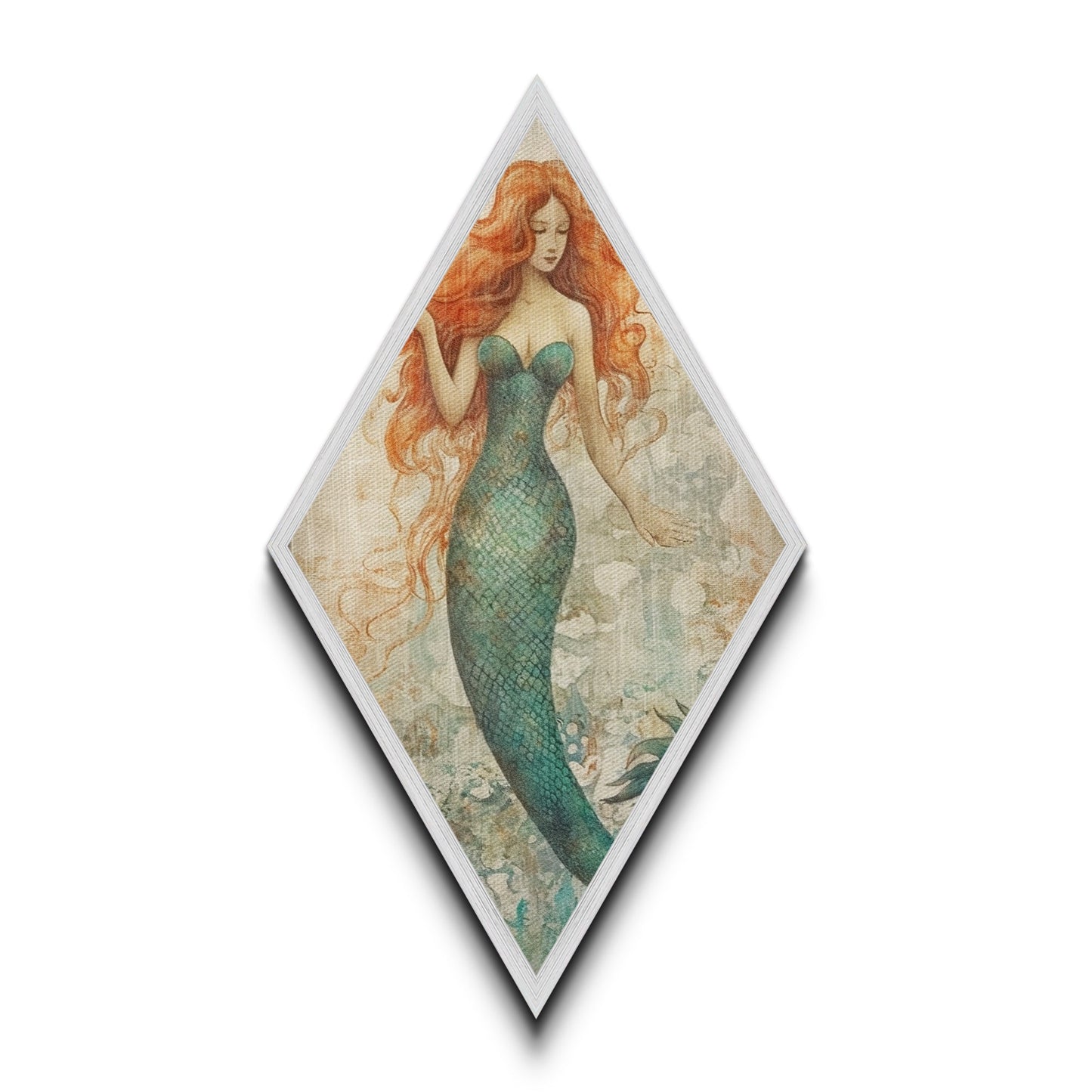 Ocean Spirit Mermaid Diamond Shaped Ethereal Fantasy Art Canvas Embossed Print Mystical Redhead Decorative Underwater Beauty