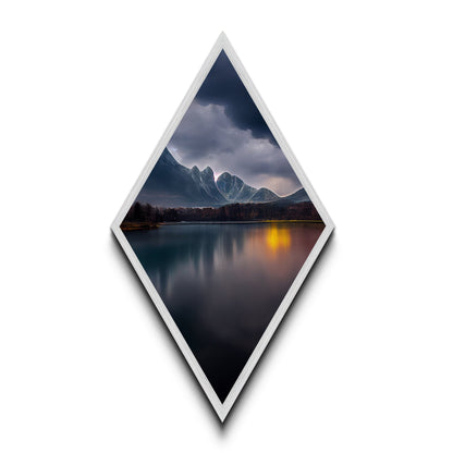 Thunder Peak Reflection – Diamond Shaped Stormy Lake Mountains Canvas Textured Print, Moody Scenic Nature Wall Art, Atmospheric View