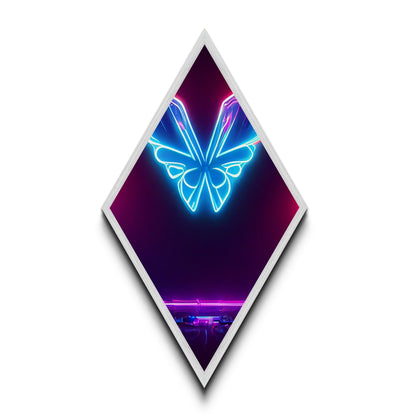 Neon Butterfly Pulse – Diamond Shaped Futuristic Glow Canvas Embossed Print, Cyberpunk Wall Art, Vaporwave Lighting Aesthetic