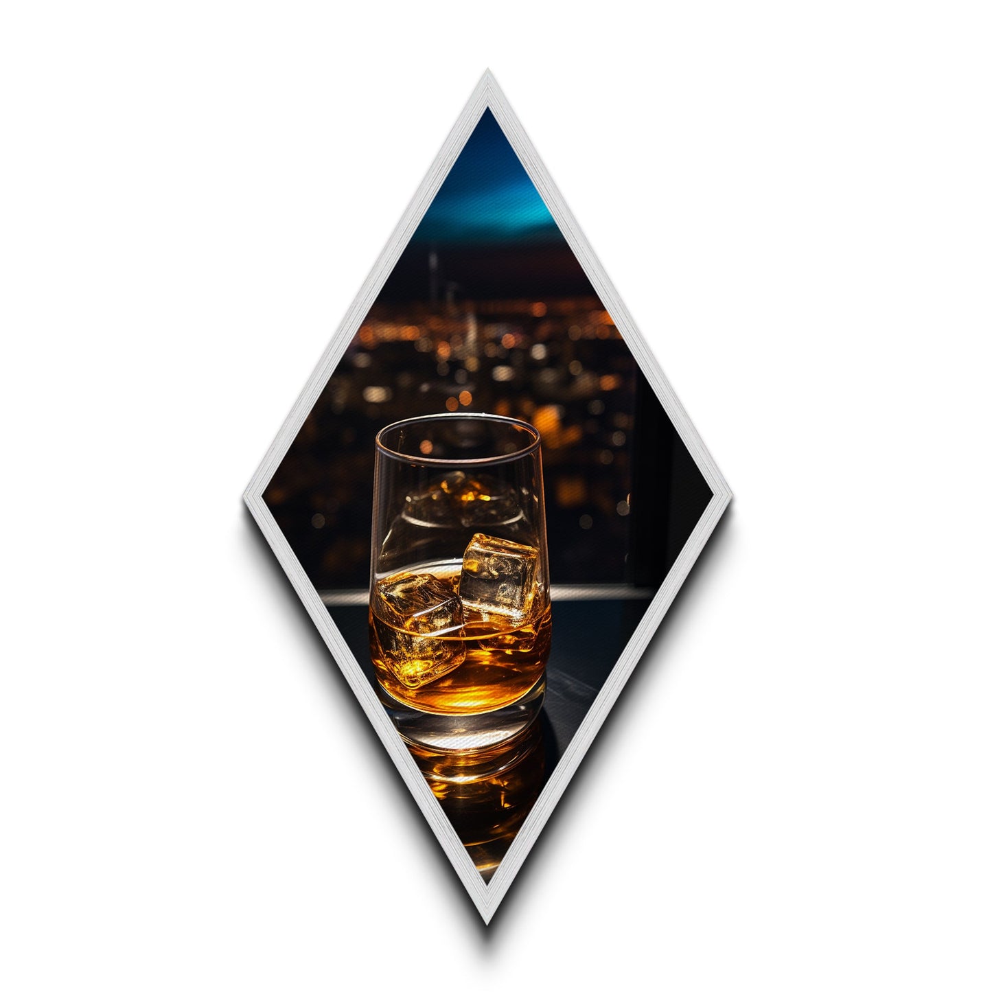 City Lights Whiskey – Diamond Shaped Canvas Embossed Print Nightlife Bar Art, Modern Whiskey Glass Wall Decor, Urban Evening Cocktail Vibe