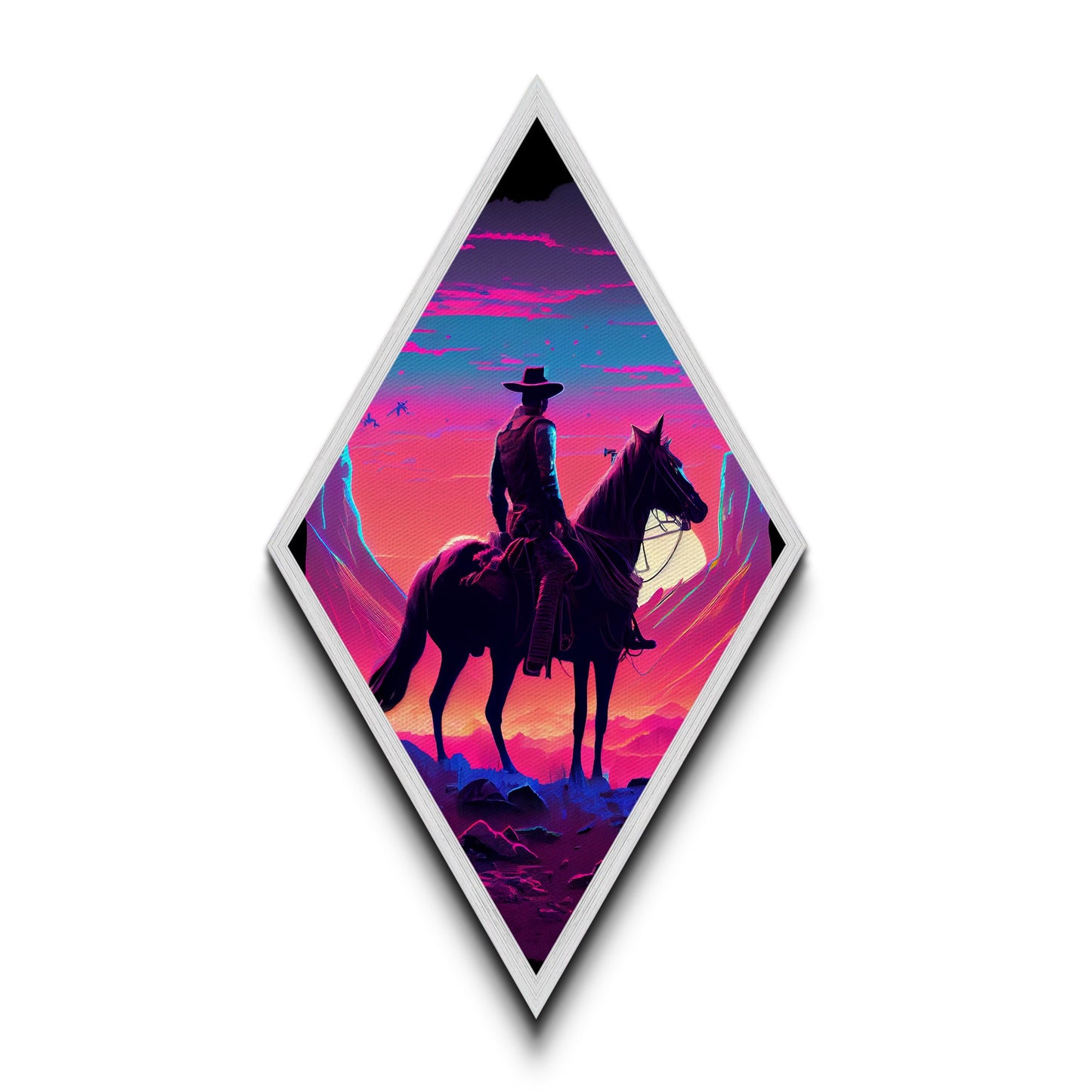 Neon Cowboy Sunset – Diamond Shaped Canvas Art Print with Western Landscape Scene, Vibrant Sky Wall Decor, Modern Desert Art