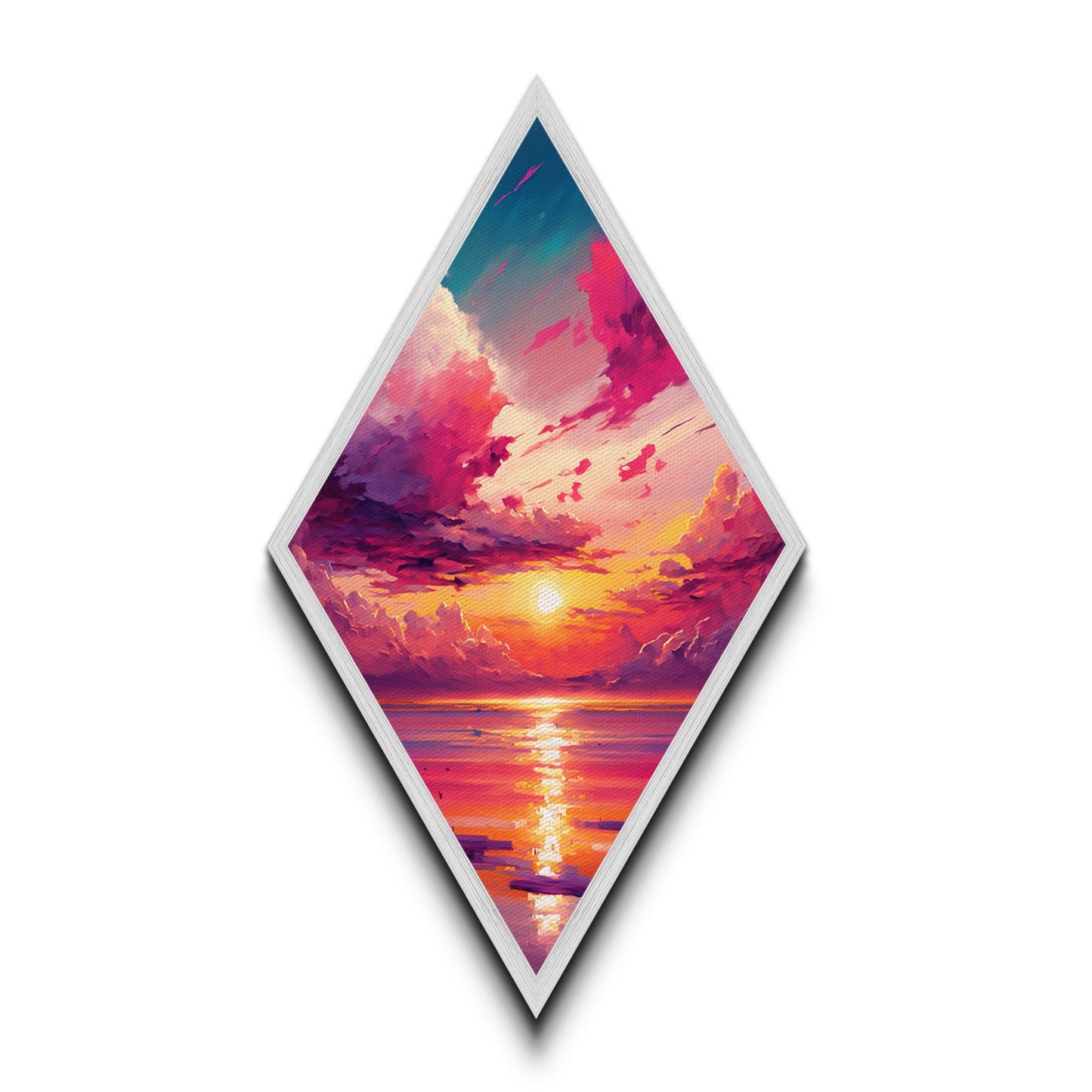 Sunset Dream Sky – Diamond Shaped Canvas Art Print with Colorful Cloudscape, Ocean Reflection Wall Decor, Tropical Sunrise Painting