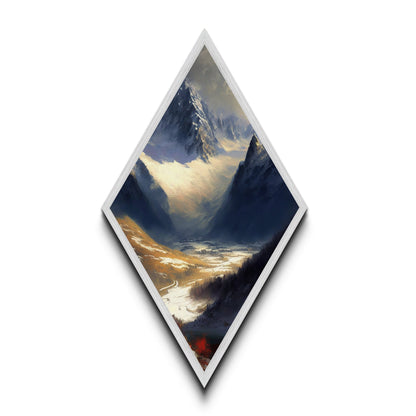 Alpine Valley Peaks Diamond Shaped Canvas Art Print, Snowy Mountain Scenic Wall Decor, Wilderness Landscape Nature Painting