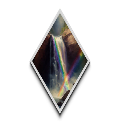 Rainbow Cascade Falls Diamond Shaped Canvas Embossed Print, Waterfall Landscape Art Print, Nature Wall Decor Mountain Scene