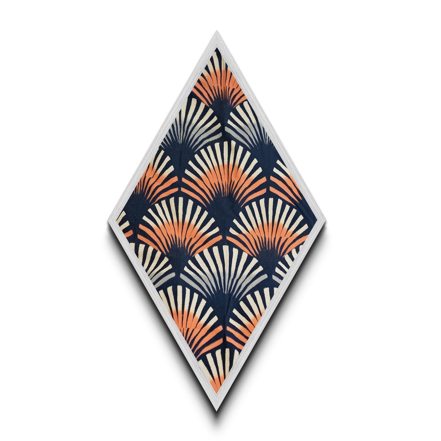 Retro Fan Pattern – Diamond Shaped Canvas Textured Print Mid Century Modern Wall Decor, Navy Orange Abstract Textile Style, Bold Boho Vibes