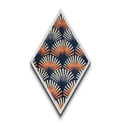 Retro Fan Pattern – Diamond Shaped Canvas Textured Print Mid Century Modern Wall Decor, Navy Orange Abstract Textile Style, Bold Boho Vibes