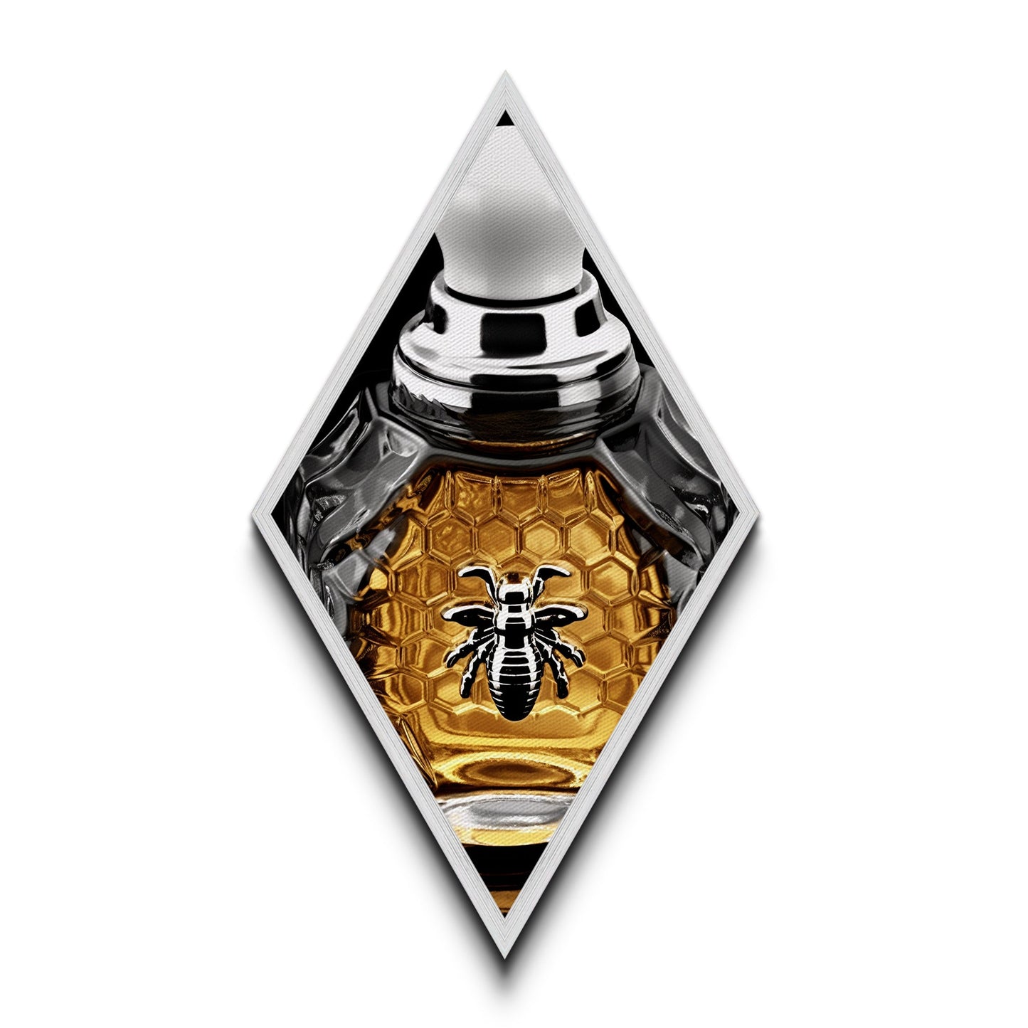 Honeycomb Elegance Bee Diamond Shaped Canvas Art Print, Gold Hexagon Insect Decor, Glam Perfume Bottle Graphic Wall Piece