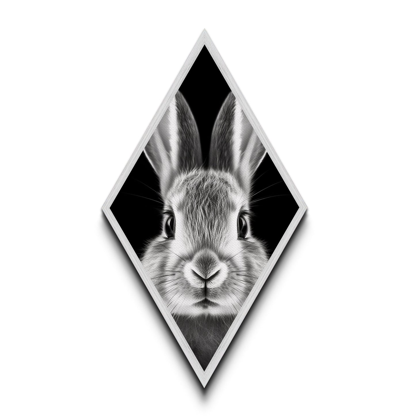 Curious Bunny Face Diamond Shaped Canvas Textured Print, Black and White Rabbit Animal Art, Minimalist Pet Lover Wall Decor