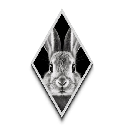 Curious Bunny Face Diamond Shaped Canvas Textured Print, Black and White Rabbit Animal Art, Minimalist Pet Lover Wall Decor