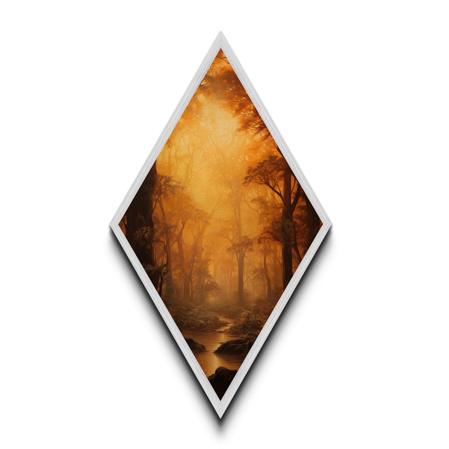 Fall In The Forest, Canvas Textured Print, Diamond Shaped Landscape Painting, Retro Home Decor, Nature Painting