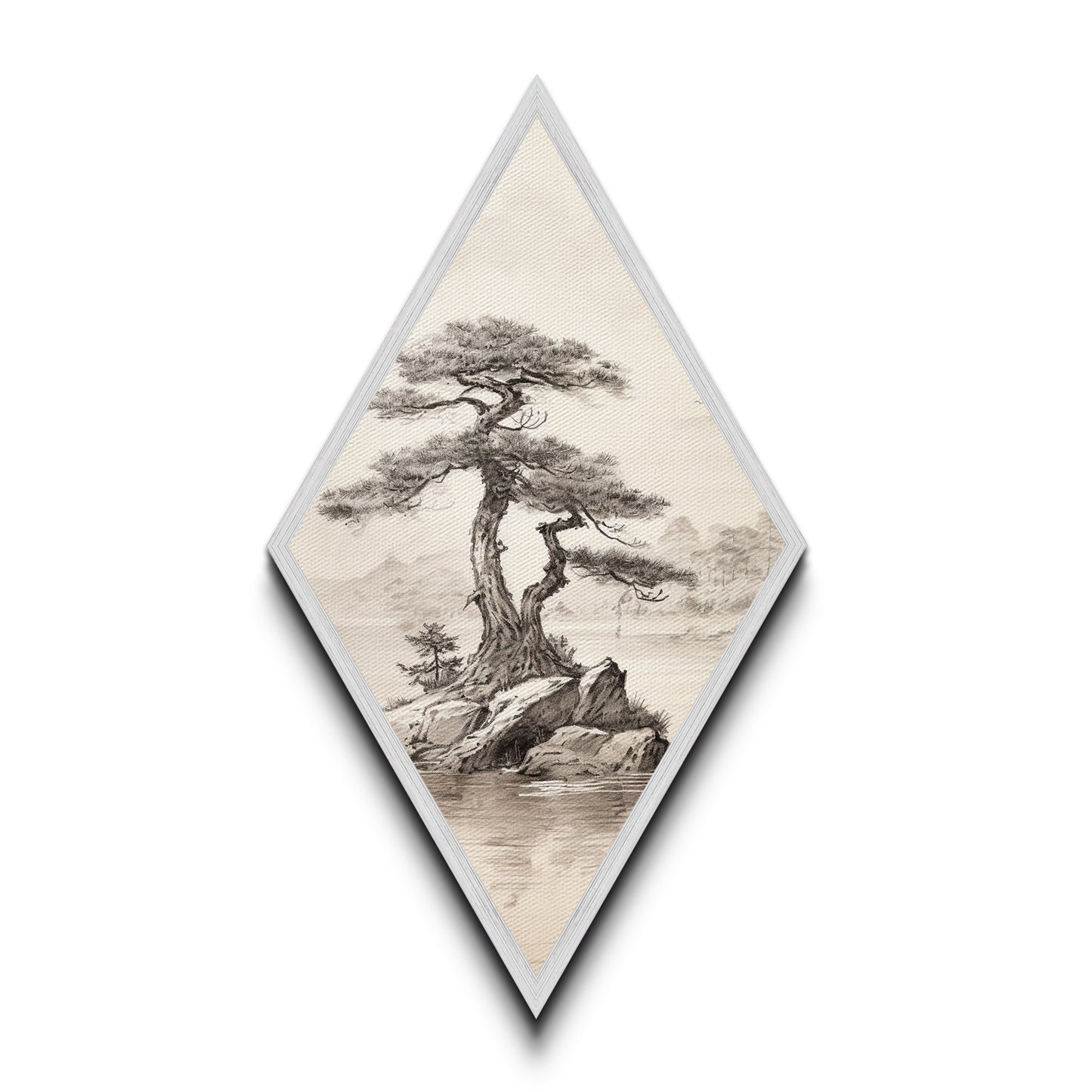 Funky Bonsai Tree Charcoal Sketch Canvas Art Print, Embossed Canvas Wall Art, Diamond Shaped Decor, Alternative Decor, Modern Art