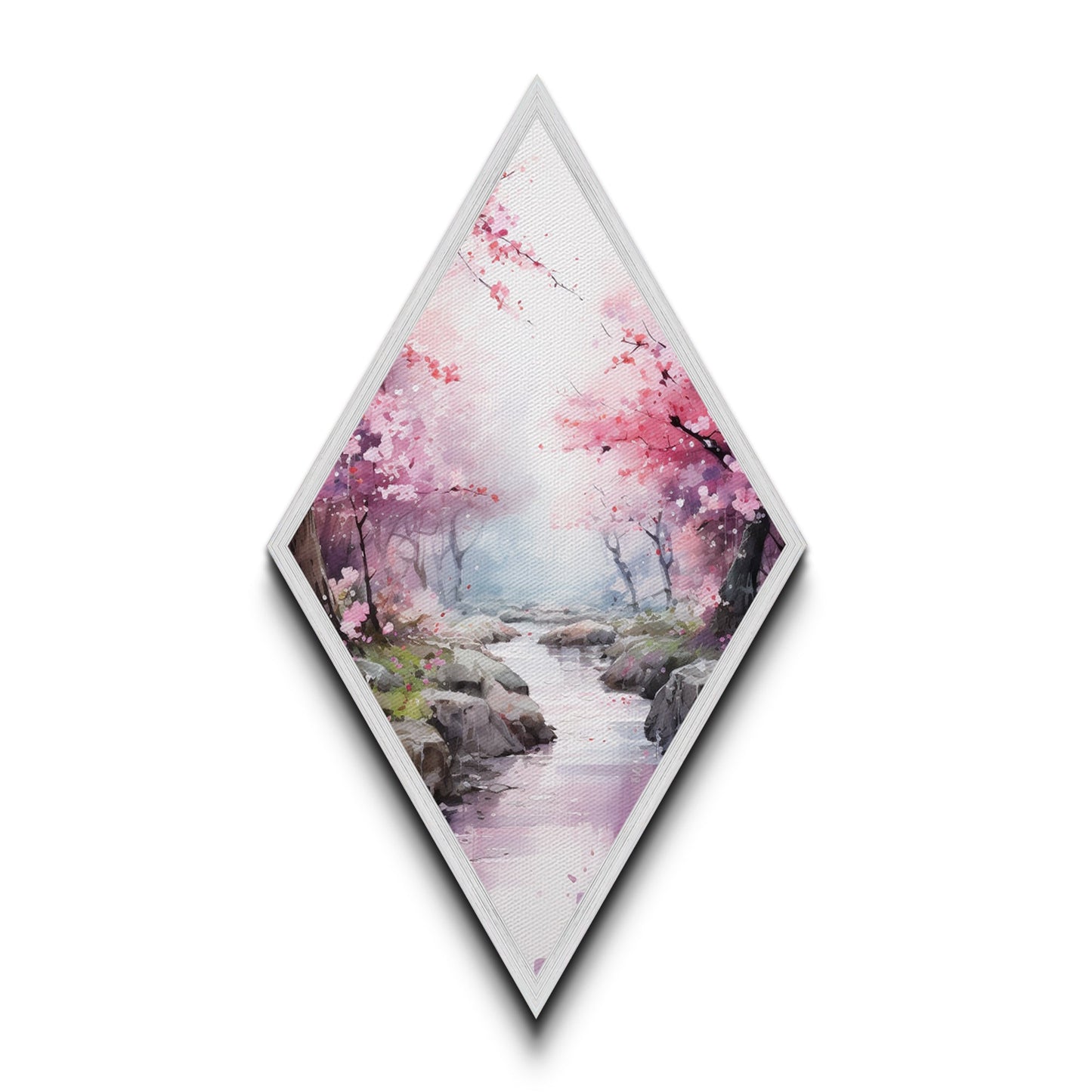 Cherry Blossoms In Spring, Diamond Shaped Canvas Embossed Wall Art, Canvas Texture Art, Japanese Inspired Wall Art, Statement Piece