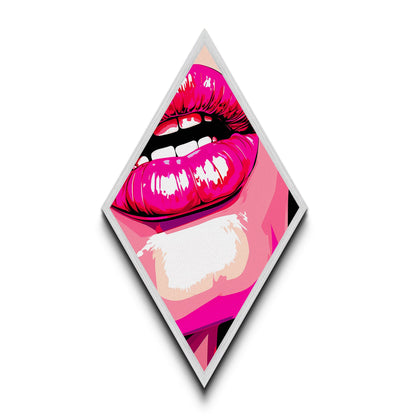 Glossy Pink Lips Biting – Canvas Art Print Bold Pop Art Diamond Wall Decor, Retro Comic Style, Lipstick Fashion Wall Accent, Neon Vibe