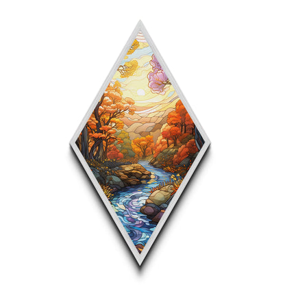 Autumn Forest Stream – Canvas Textured Print Stained Glass Style, Fall River Landscape, Nature Diamond Wall Art, Golden Hour Forest