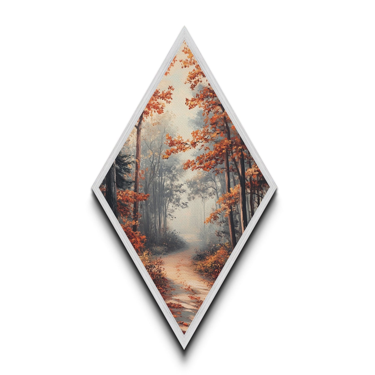 Diamond Shaped Autumn Forest Glow, warm foliage scenic Canvas Textured Print, cozy woodland path artwork, rustic fall home wall piece