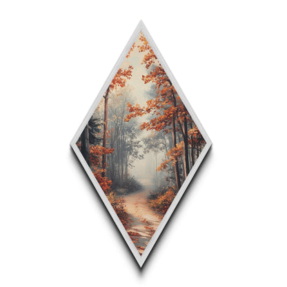 Diamond Shaped Autumn Forest Glow, warm foliage scenic Canvas Textured Print, cozy woodland path artwork, rustic fall home wall piece