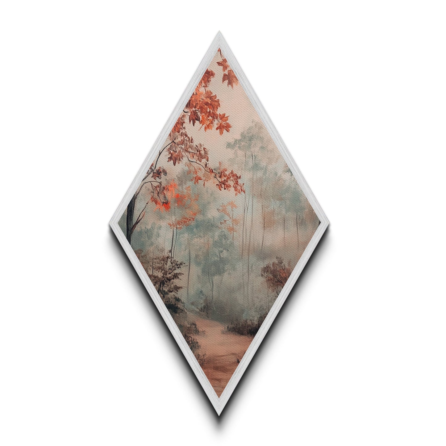 Diamond Shaped Misty Red Autumn Trees, peaceful morning woods Canvas Art Print, soft seasonal foliage decor, muted fall forest artwork