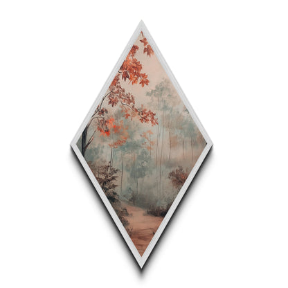 Diamond Shaped Misty Red Autumn Trees, peaceful morning woods Canvas Art Print, soft seasonal foliage decor, muted fall forest artwork