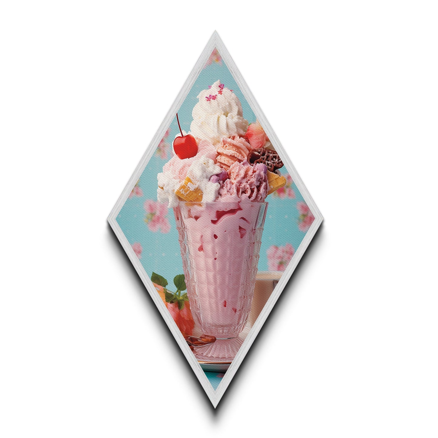 Retro Ice Cream Sundae – Canvas Art Print Whimsical Dessert Wall Decor, Pastel Kitchen Art, Diamond Shaped Sweet Treats Pop Art