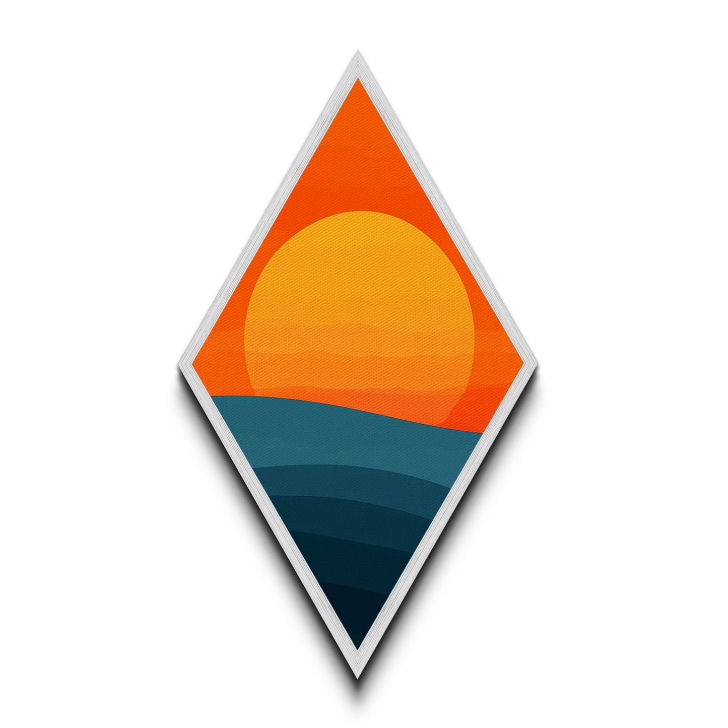 Sunset Radiance Horizon Diamond Shaped Canvas Textured Print with bold orange sun minimalist landscape warm earth tones geometric wall decor