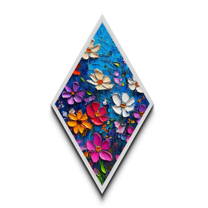 Blue Blossom Pop — Diamond Shaped Canvas Textured Print makes a lively statement in bathroom or hallway with bold floral palette knife design