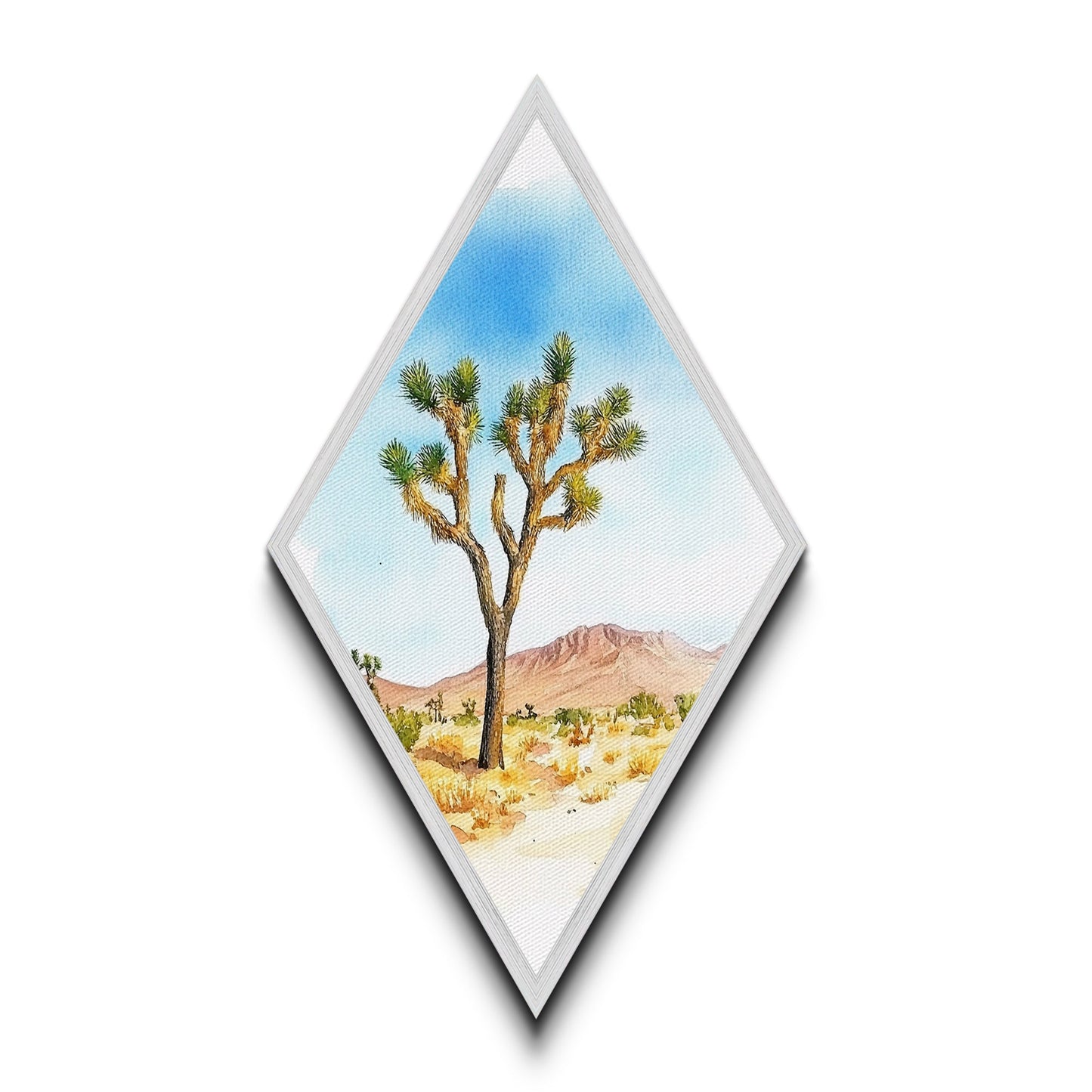 Mojave Tree Scene Diamond Shaped Canvas Textured Print, Watercolor Nature Landscape, Desert Mountain Western Wall Art
