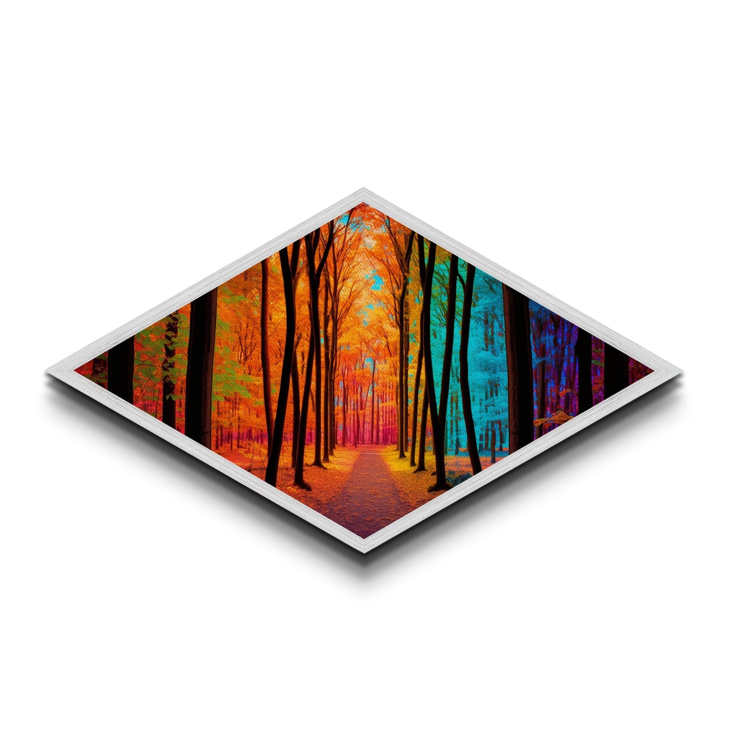 Chromatic Forest Path – Diamond Shaped Rainbow Woodland Trail Canvas Art Print with autumn trees, vibrant color spectrum, surreal landscape