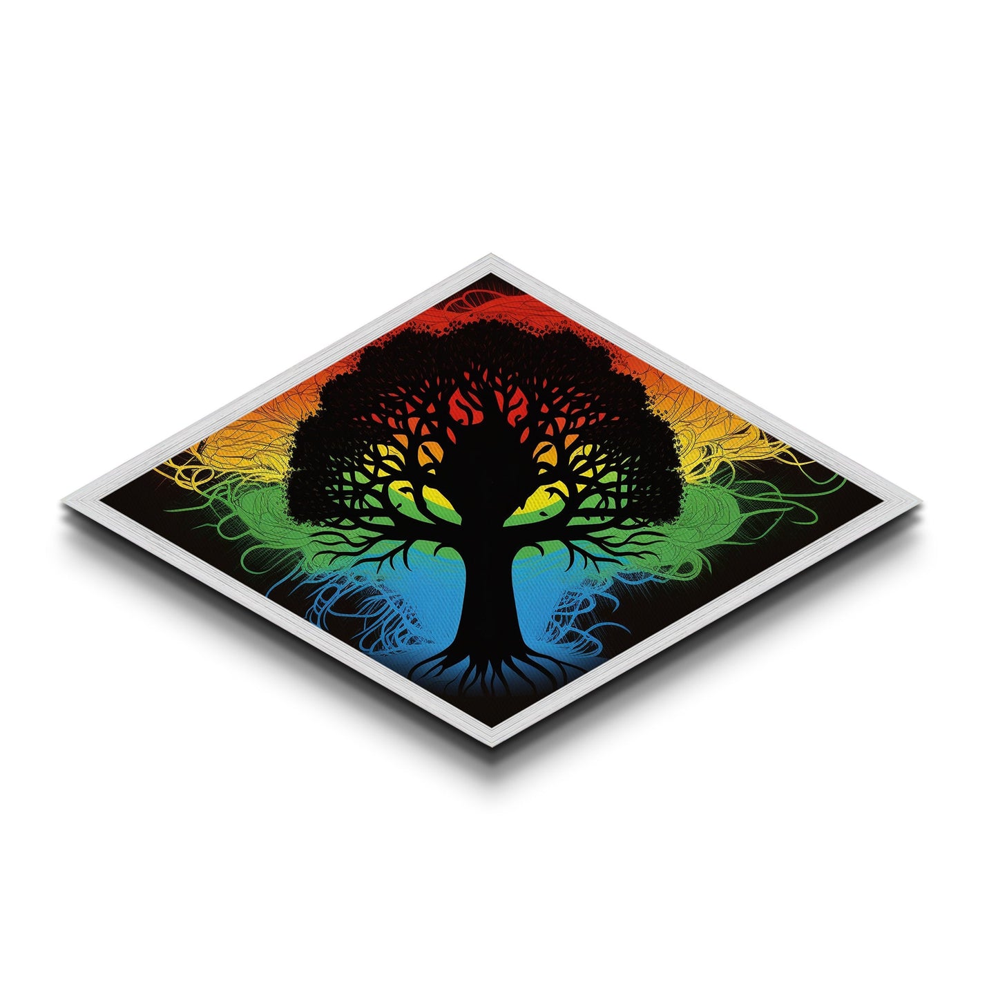 Prism Tree of Life – Diamond Shaped Rainbow Roots Silhouette Canvas Art Print with psychedelic tree, colorful energy, and abstract style