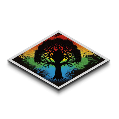 Prism Tree of Life – Diamond Shaped Rainbow Roots Silhouette Canvas Art Print with psychedelic tree, colorful energy, and abstract style