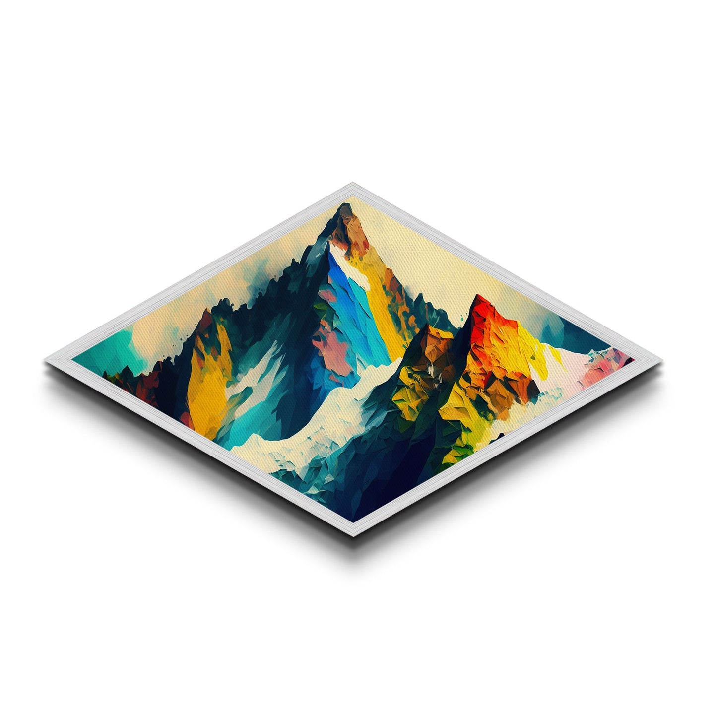 Kristalline Alpen – Rautenförmiger abstrakter Regenbogengipfel-Leinwanddruck mit polygonalem Bergpanorama und kräftigen geometrischen Strichen