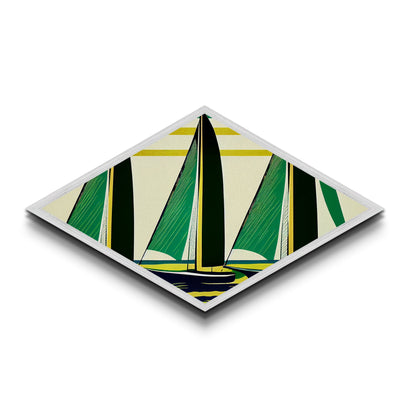 Abstract Sail Wind – Diamond Shaped Canvas Textured Print with retro sailboat geometry, green yellow nautical minimalist coastal theme