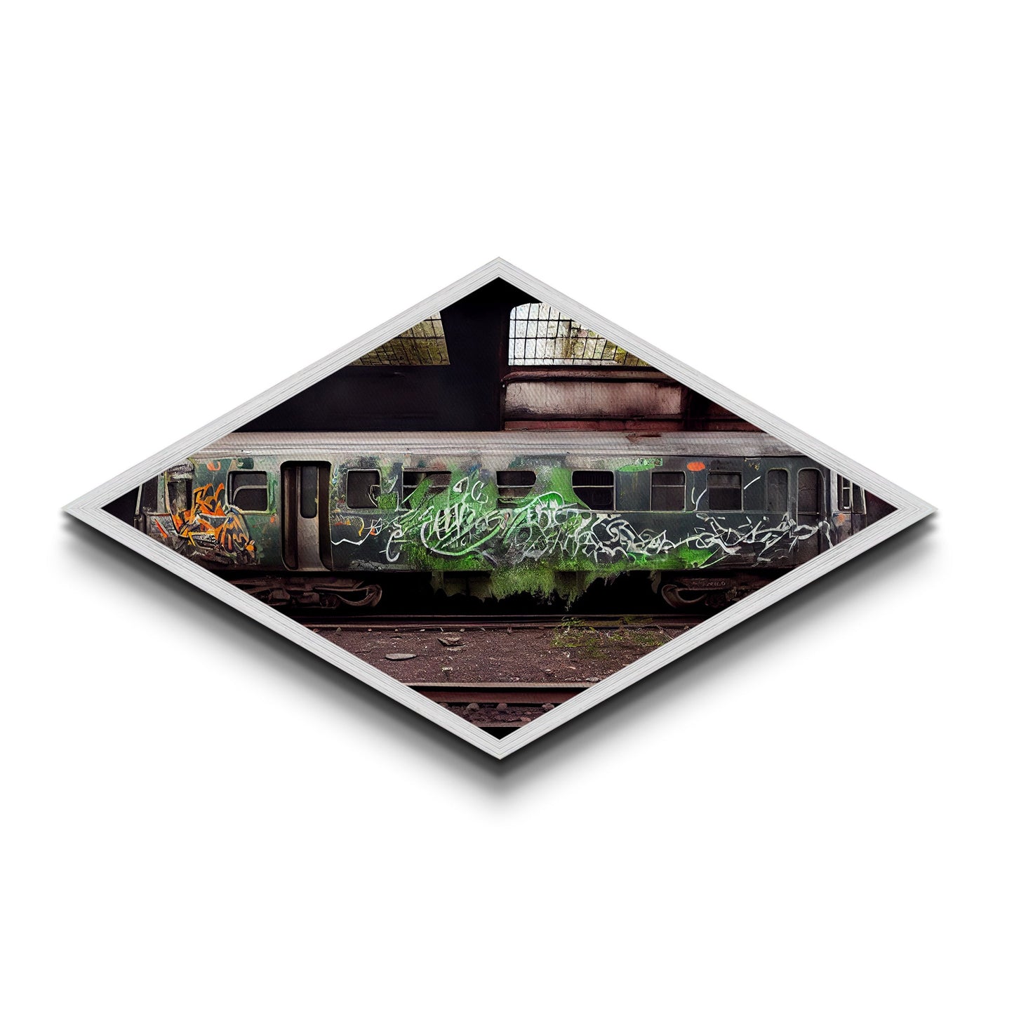 Graffiti Train Scene – Diamond Shaped Canvas Art Print with abandoned urban train, grunge graffiti photography, street art inspired wall piece