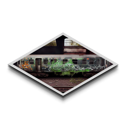 Graffiti Train Scene – Diamond Shaped Canvas Art Print with abandoned urban train, grunge graffiti photography, street art inspired wall piece