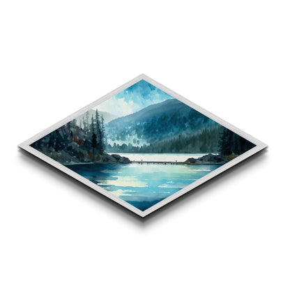 Misty Lake Retreat – Diamond Shaped Canvas Textured Print with tranquil blue waters, evergreen reflection scene, peaceful nature wall art