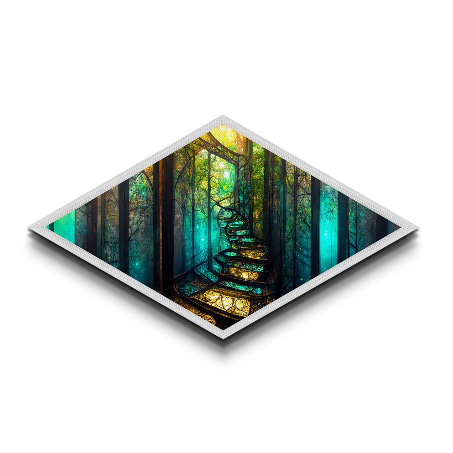 Magic Forest Portal Diamond Shaped Canvas Textured Print, fantasy woodland entrance art, colorful ethereal tree landscape print