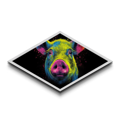 Psychedelic Pig Face – Diamond Shaped Canvas Art Print, Bold Animal Decor, Color Pop Wall Accent, Modern Farmhouse Nursery Gift