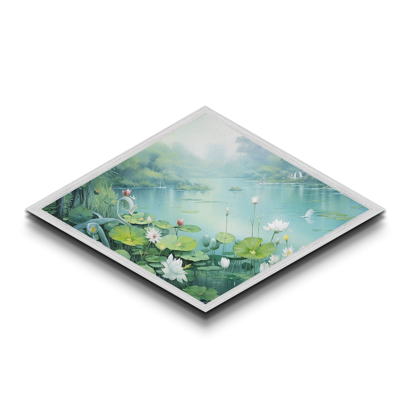 Tranquil Lily Pond Diamond Shaped Canvas Textured Print with peaceful lotus flowers, lake landscape art, spa room wall decoration
