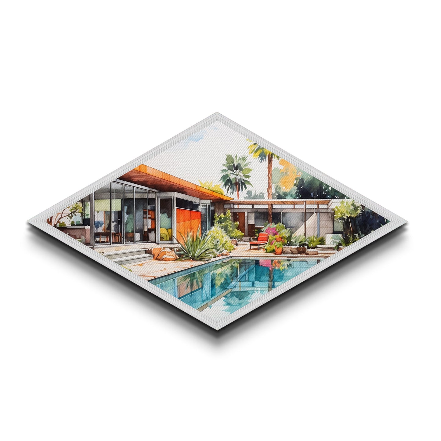 Midcentury Oasis Retreat Diamond Shaped Modern Home Canvas Art Print poolside bungalow retro palm springs architectural wall decor