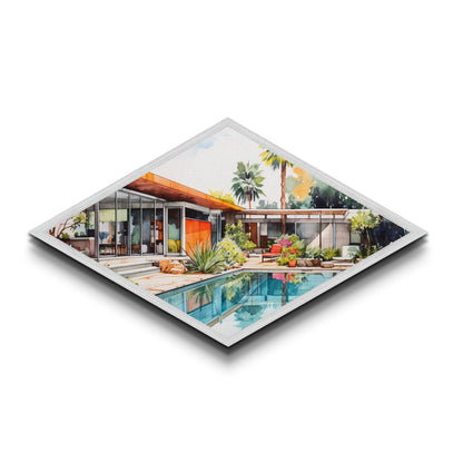 Midcentury Oasis Retreat Diamond Shaped Modern Home Canvas Art Print poolside bungalow retro palm springs architectural wall decor