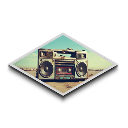 Boombox On Beach Diamond Shaped retro music lover Canvas Textured Print nostalgic 80s vibe beach sound decor man cave or dorm art