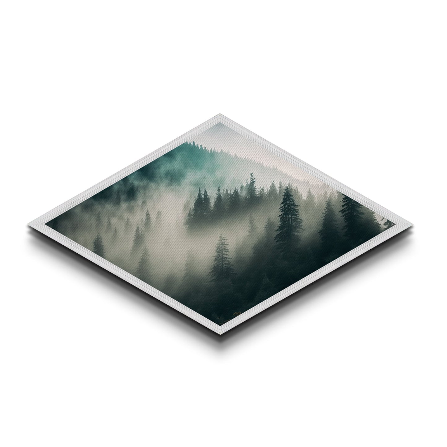 Misty Forest Layers Diamond Shaped Nature Landscape Canvas Textured Print Evergreen Pine Foggy Mountains Calm Woodland Tranquil Decor